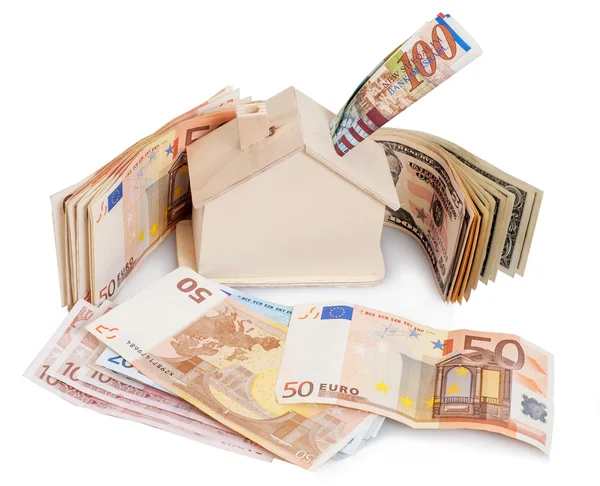 美元、 欧元、 舍客勒和房子的模型 — 图库照片
