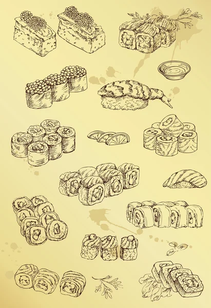 Tangan menggambar sushi - Stok Vektor