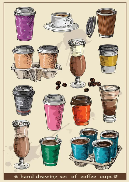 Hand tekening set van koffie kopjes — Stockvector