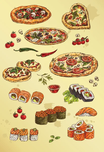 Набор пиццы и суши — стоковый вектор