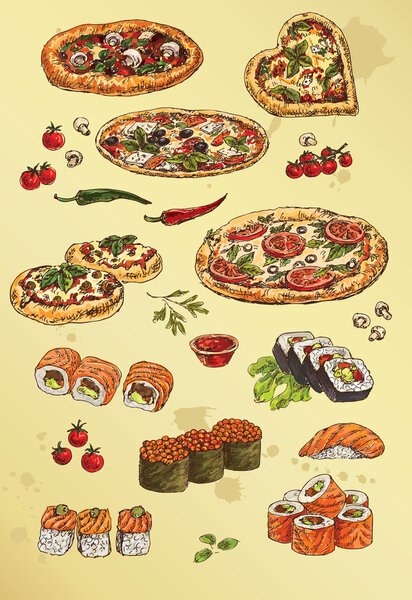 set of pizza and sushi