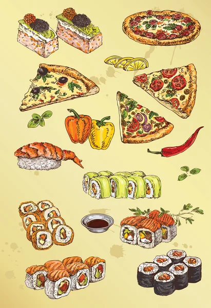 Set of pizza and sushi — Stock Vector