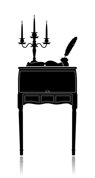 Vintage secretaire with a candelabrum, inkwell and an open book — Stock Vector