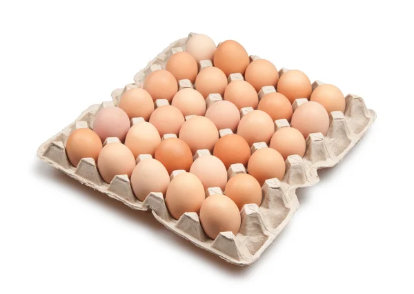 许多褐色的蛋在白色上被分离出来 — 图库照片