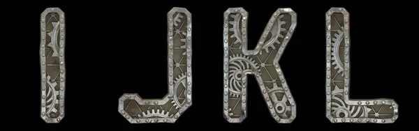 Mechanical alphabet made from rivet metal with gears on black background. Set of letters I, J, K, L. 3D