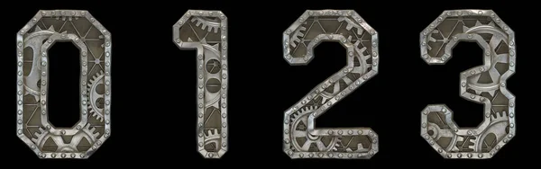 Mechanical alphabet made from rivet metal with gears on black background. Set of numbers 0, 1, 2, 3. 3D