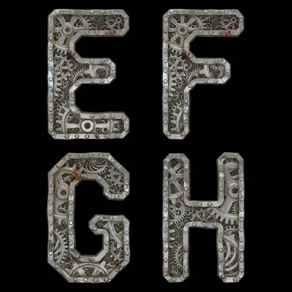 Mechanical alphabet made from rivet metal with gears on black background. Set of letters E, F, G, H. 3D