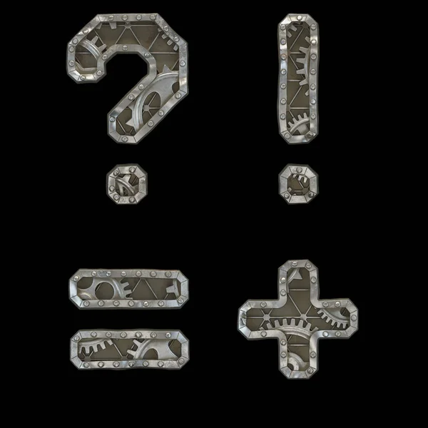 Mechanical alphabet made from rivet metal with gears on black background. Set of symbols percent, at, ampersand and hash. 3D