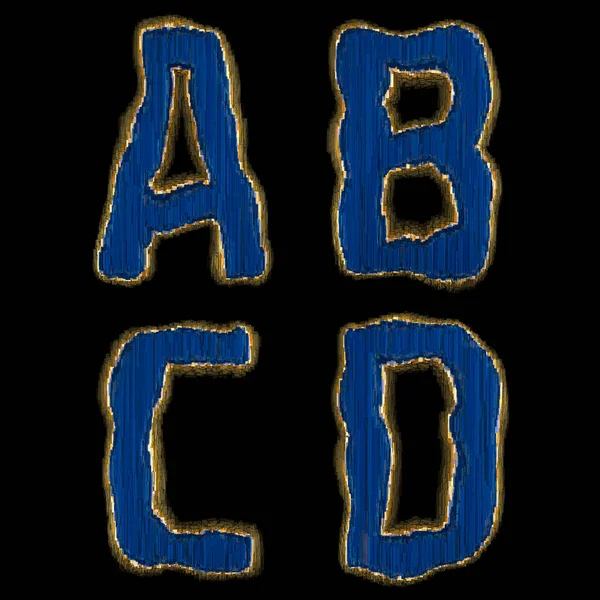 Set of alphabet letters A, B, C, D made of industrial metal blue color. Isolated black background. 3d