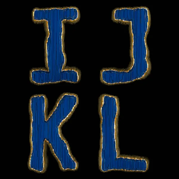 Set of alphabet letters I, J, K, L made of industrial metal blue color. Isolated black background. 3d