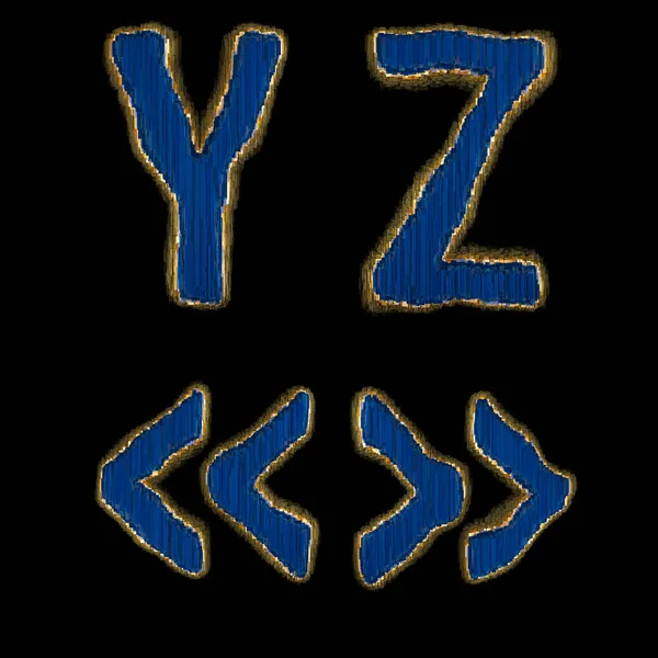 Set of alphabet letters Y, Z and symbol quotation marks made of industrial metal blue color. Isolated black background. 3d