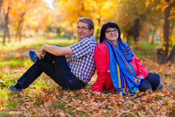 Casal de idosos no parque no outono — Fotografia de Stock