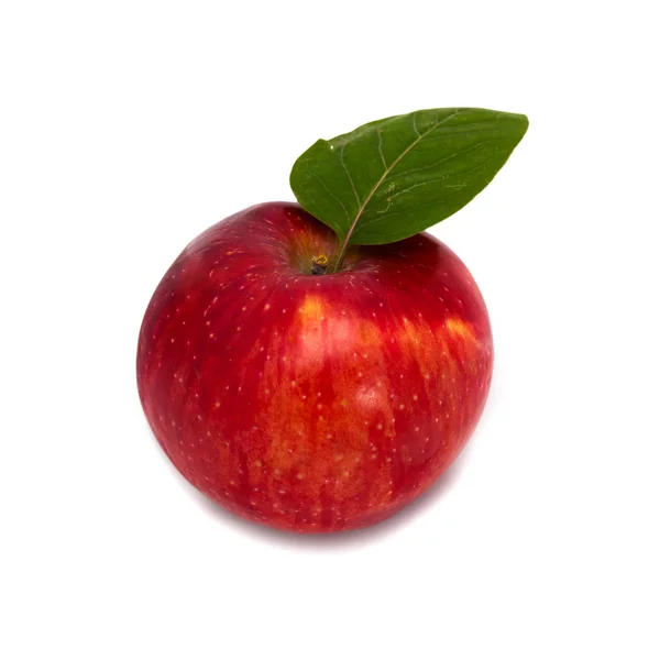 Beyaz arka planda bir yaprak ile kırmızı elma — Stok fotoğraf
