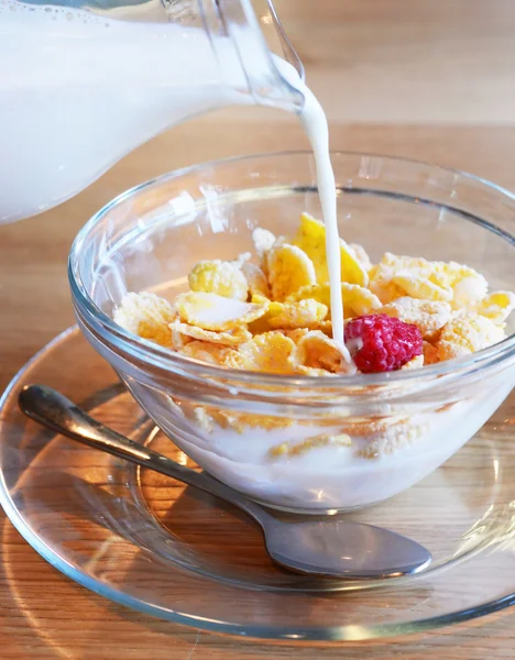 Pouring milk into a bowl of flakes — Stock Photo, Image