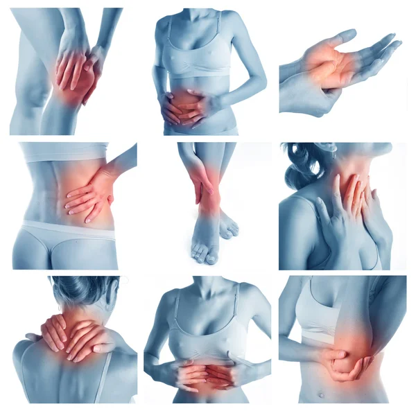 Collage Woman Having Pain Several Part Body — Stock Photo, Image