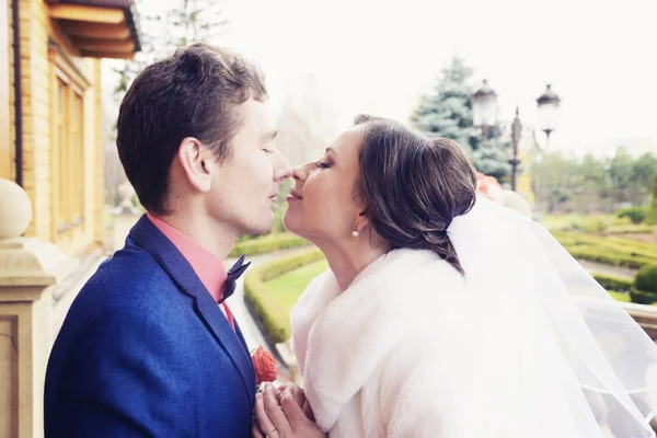 Wedding couple posing outdoors — Stock Photo, Image