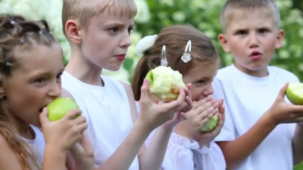 Chłopcy i dziewczęta jeść jabłka — Wideo stockowe