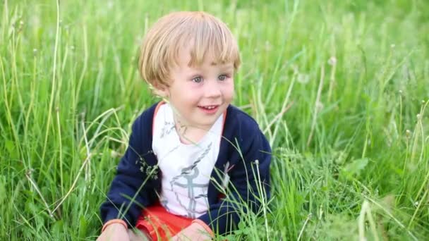 Mały chłopiec siedzi na trawie — Wideo stockowe