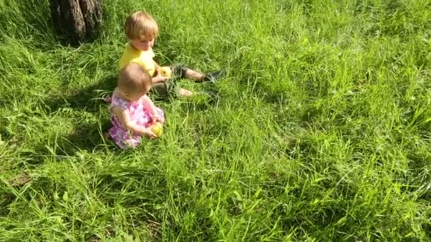 Bebé y niño comen manzanas — Vídeos de Stock