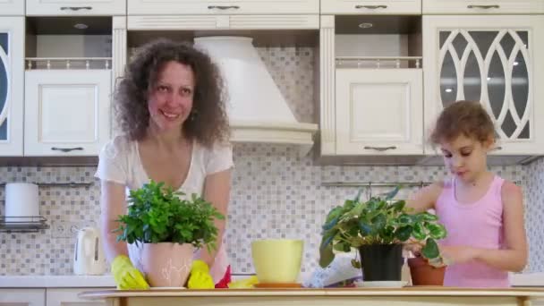 Filha ajuda mãe a colocar a planta — Vídeo de Stock