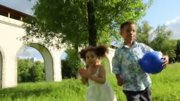 Junge mit Ball läuft auf Rasen — Stockvideo