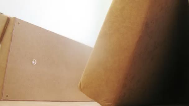 Молодой человек собирает коричневый диван — стоковое видео