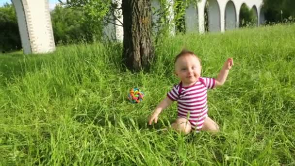 Pequeño bebé lindo sentado en la hierba — Vídeos de Stock