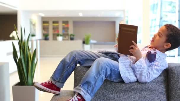 Junge liegt mit Buch auf Sofa — Stockvideo