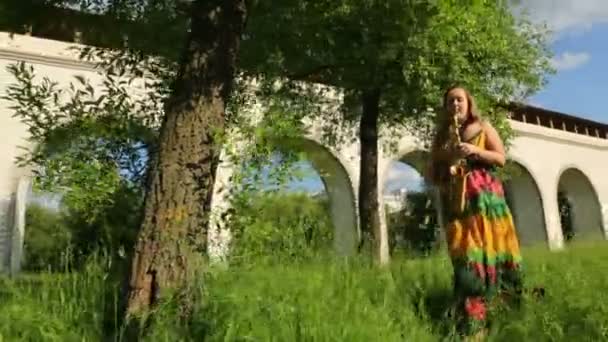 Fille en robe de soleil joue saxophone — Video