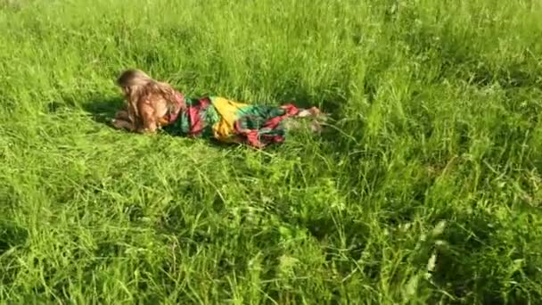 Beautiful girl in dress lies on stomach and flips on grass — Stock Video