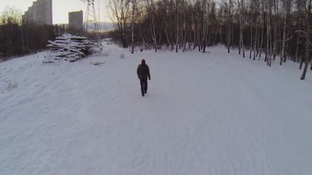 Homme marche par parc enneigé — Video