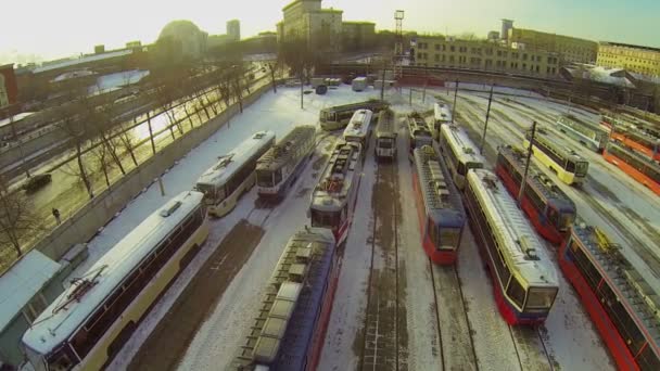 Veel van trams geparkeerd — Stockvideo