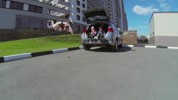 İki çocuk arabanın içinde oturmak — Stok video