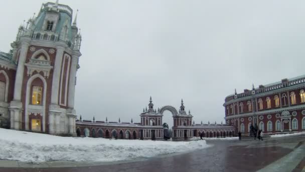 La gente camina cerca del palacio en Tsaritsyno en invierno — Vídeo de stock