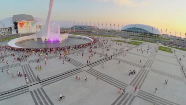 Площадь с фонтаном возле спортивных стадионов — стоковое видео