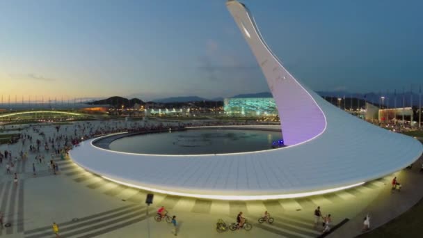 Square with fountain and sports stadiums — стокове відео