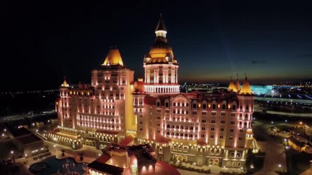 Colorful illumination of hotel Bogatyr — Stock Video