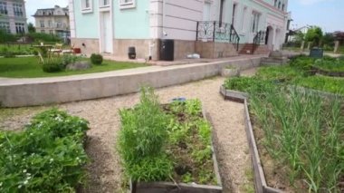 Bahçe yatak ve iki katlı yeşil yazlık yaz gün