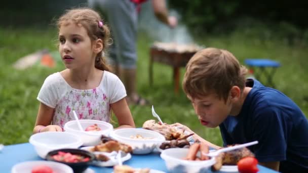 Chłopiec i dziewczynka na pikniku — Wideo stockowe