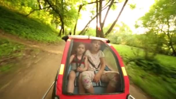 Two little girls ride in trailer — Stock Video