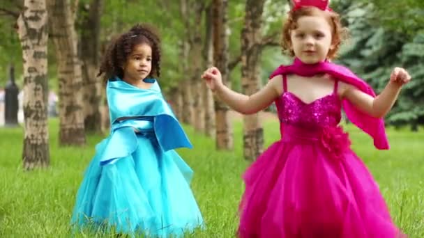 Two little girls in beautiful dresses — Stock Video