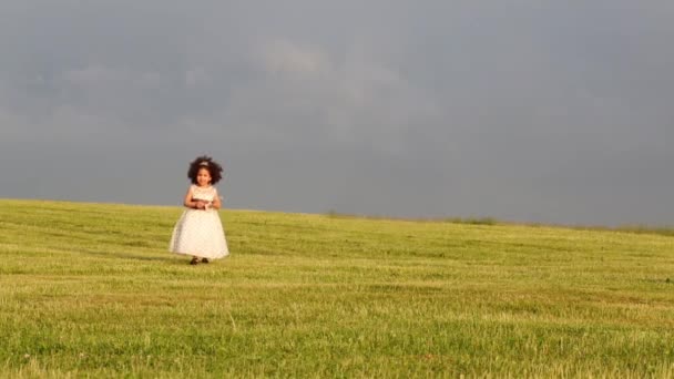 Little mulatto girl on meadow — Stock Video