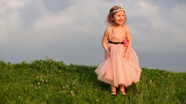 Kleines süßes Mädchen im rosa Kleid streift Rock auf der grünen Wiese — Stockvideo