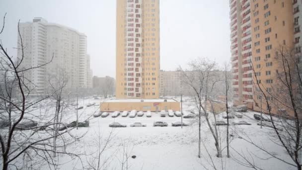 Floresta de neve perto de edifícios residenciais altos — Vídeo de Stock
