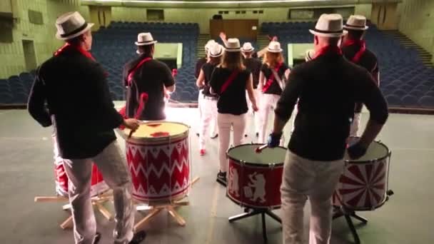 Back of musical group of thirteen people playing on drums — Stock Video