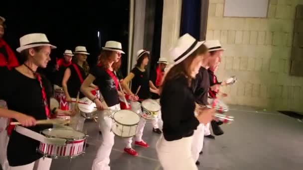 Muzikale groep van veertien mensen drummen op het podium. — Stockvideo