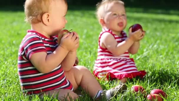 Два ребенка на зеленой траве — стоковое видео