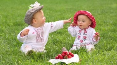 Halk kıyafetleri içinde iki bebek çimenler üzerinde kırmızı çilek yakınında oynamak