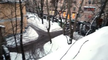 yukarıdaki pencereden kar bankalarında çıplak ağaç gövdeleri ile avlu.