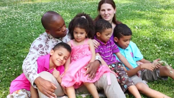 Heureuse famille Interraciale de six personnes se reposant dans un parc un jour d'été — Video